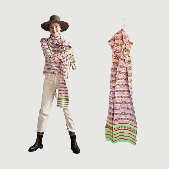 Anthropologie Maeve Knit Winter Striped Scarf Pastel Pink Brown Green NEW - Picture 1 of 6